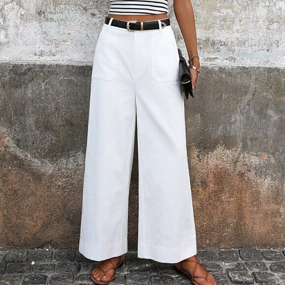 White Casual Women's High-Waisted Wide Leg Pants With Pockets - Picture 6 of 6